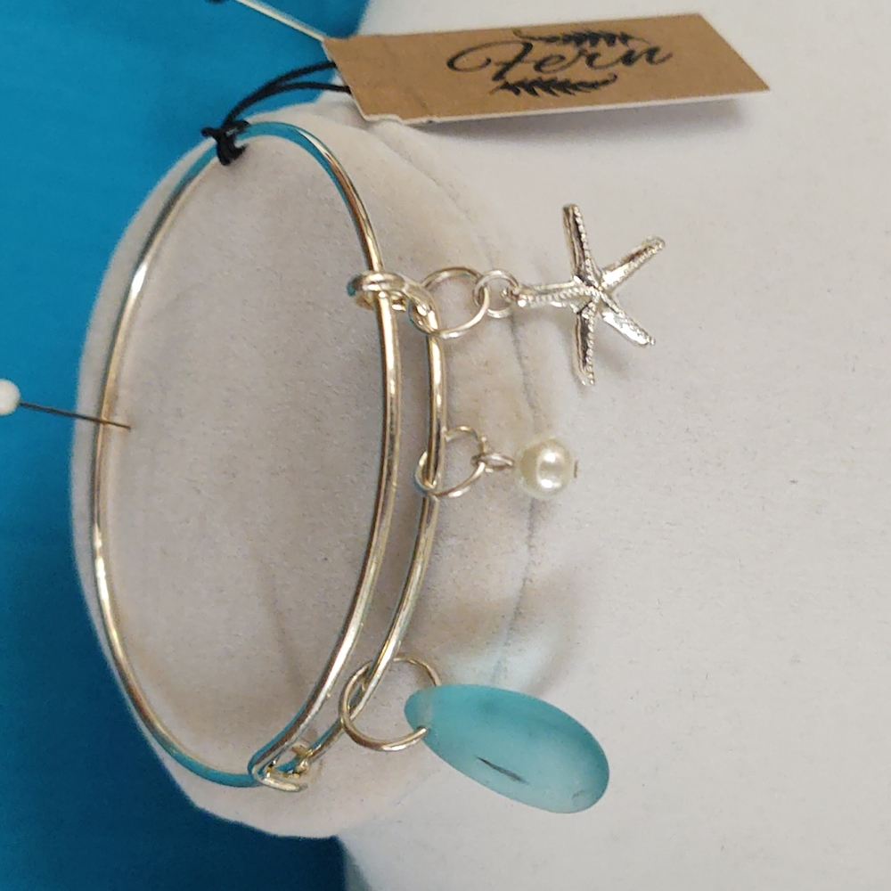 Bangle Bracelet, pearl drop, Sea Glass,and star